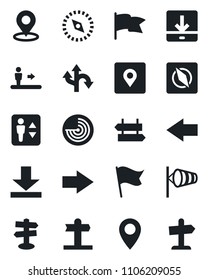 Set of vector isolated black icon - elevator vector, escalator, signpost, right arrow, left, wind, radar, route, pin, download, place tag, compass, flag, guidepost