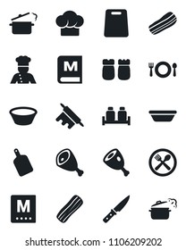 Set of vector isolated black icon - cook vector, cafe, hat, menu, bacon, salt and pepper, ham, bowl, rolling pin, cutting board, knife, steaming pan