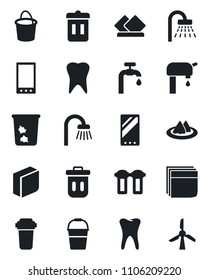 Set of vector isolated black icon - trash bin vector, shower, bucket, tooth, mobile, blank box, water supply, bathroom, serviette, filter, windmill