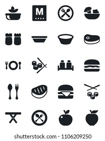 Set of vector isolated black icon - spoon and fork vector, picnic table, cafe, menu, salad, salt pepper, steak, hamburger, bowl, sushi, apple fruit