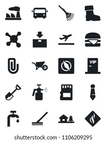 Set of vector isolated black icon - departure vector, airport bus, tie, factory, shovel, rake, wheelbarrow, boot, garden sprayer, molecule, package, sd, compass, paper clip, house with tree