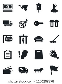 Set of vector isolated black icon - security gate vector, waiting area, rake, wheelbarrow, sprout, caterpillar, bird house, cash, car delivery, music, clipboard, rooms, key, moving, credit card