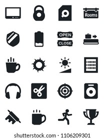 Set of vector isolated black icon - baggage conveyor vector, sun, run, shield, heavy, tv, headphones, speaker, low battery, brightness, cut, coffee, document search, abacus, target, rooms, award cup