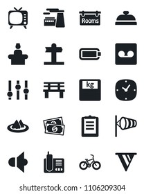 Set of vector isolated black icon - reception vector, wind, factory, bench, scales, bike, signpost, cash, clipboard, speaker, tv, settings, radio phone, clock, record, battery, rooms, serviette