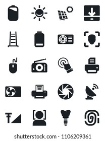 Set of vector isolated black icon - mouse vector, printer, ladder, implant, satellite antenna, radio, touch screen, low battery, mobile camera, download, face id, cellular signal, sun panel