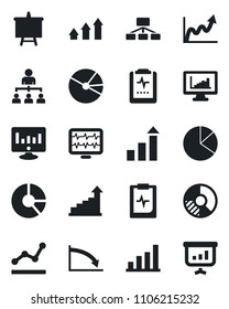 Set of vector isolated black icon - growth statistic vector, hierarchy, presentation board, monitor, circle chart, pulse, clipboard, statistics, bar graph, pie, point, arrow up, crisis