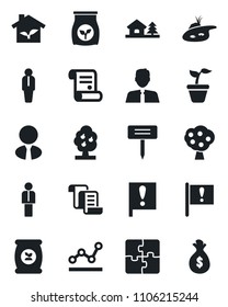 Set of vector isolated black icon - manager vector, contract, seedling, plant label, fertilizer, important flag, application, point graph, house with tree, pond, fruit, estate agent, eco, money bag