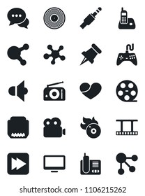 Set of vector isolated black icon - film frame vector, reel, vinyl, flame disk, radio, speaker, gamepad, dialog, monitor, phone, share, heart, paper pin, fast forward, hdmi, jack connector, video