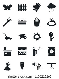 Set of vector isolated black icon - farm fork vector, fence, wheelbarrow, bucket, watering, sprout, glove, lawn mower, butterfly, seedling, sun, rain, plant label, fireplace, pond, garden sprayer