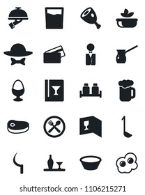 Set of vector isolated black icon - sickle vector, waiter, alcohol, cafe, wine card, drink, beer, salad, egg stand, salt and pepper, dress code, credit, steak, ham, ladle, bowl, turkish coffee