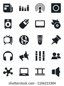 Set of vector isolated black icon - film frame vector, flame disk, antenna, news, loudspeaker, tv, settings, equalizer, remote control, network, headphones, laptop pc, share, speaker, group, rca