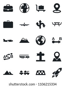 Set of vector isolated black icon - taxi vector, baggage trolley, airport bus, larry, plane, case, picnic table, route, signpost, earth, pin, place tag, mountains, rocket