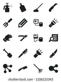 Set of vector isolated black icon - document search vector, job, pencil, garden fork, rake, pruner, glove, hoe, knife, sprayer, blood pressure, torch, pen, cutting board, social media