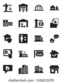 Set of vector isolated black icon - elevator vector, airport building, greenhouse, hospital, office, house with tree, warehouse, estate document, sold signboard, sweet home, crane, eco, control app