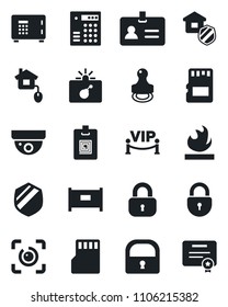 Set of vector isolated black icon - fence vector, bomb in case, identity, safe, lock, shield, flammable, sd, eye id, card, stamp, estate insurance, vip zone, home control, combination, surveillance