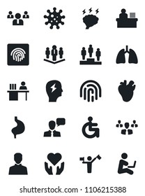 Set of vector isolated black icon - dispatcher vector, pedestal, team, brainstorm, disabled, heart hand, stomach, lungs, real, virus, speaker, user, fingerprint id, manager desk, company, group