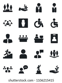 Set of vector isolated black icon - male vector, disabled, speaking man, pedestal, manager place, client, speaker, user, identity card, hr, meeting, career ladder, company, waiter, group