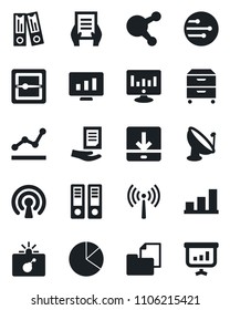 Set of vector isolated black icon - antenna vector, bomb in case, office binder, document, statistic monitor, folder, satellite, share, scanner, network, download, bar graph, pie, point, archive box
