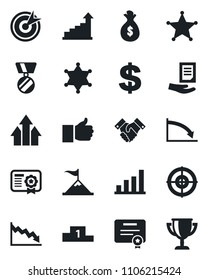 Set of vector isolated black icon - growth statistic vector, dollar sign, medal, document, finger up, bar graph, target, handshake, police, arrow, motivation, money bag, crisis, certificate
