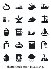 Set of vector isolated black icon - shower vector, bucket, water drop, rain, well, pond, sea shipping, port, pool, supply, drink, irrigation, heater, warm floor