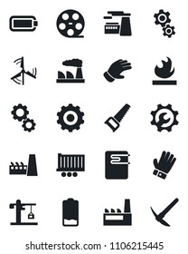 Set of vector isolated black icon - gear vector, factory, glove, saw, truck trailer, flammable, reel, low battery, root setup, windmill, crane, water heater, hard work