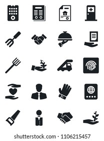 Set of vector isolated black icon - passport vector, ladder car, medical room, document, garden fork, farm, glove, saw, heart hand, client, fingerprint id, handshake, contract, estate, waiter