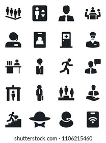 Set of vector isolated black icon - security gate vector, elevator, medical room, speaking man, pedestal, team, run, doctor, support, client, identity card, manager desk, meeting, career ladder