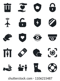 Set of vector isolated black icon - plane radar vector, passport control, security gate, trash bin, lock, glove, boot, patch, heart shield, hand, protect, eye id, home, surveillance, palm sprout