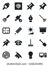 Set of vector isolated black icon - presentation board vector, drawing pin, bulb, job, garden fork, rake, satellite, hdmi, brightness, fingerprint id, ink pen, pencil, plan, phone, rolling, pc