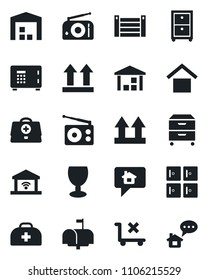 Set of vector isolated black icon - safe vector, checkroom, doctor case, container, fragile, warehouse storage, up side sign, no trolley, radio, archive box, mailbox, garage gate control