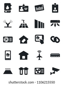 Set of vector isolated black icon - plane radar vector, identity card, sorting, barcode, chain, air conditioner, smart home, irrigation, water heater, control app, filter, warm floor, surveillance