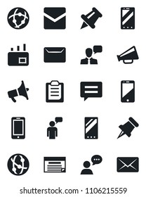 Set of vector isolated black icon - mobile phone vector, speaking man, loudspeaker, network, cell, speaker, paper pin, message, mail, clipboard, schedule