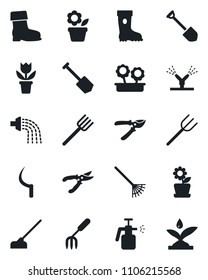 Set of vector isolated black icon - job vector, flower in pot, garden fork, farm, rake, watering, pruner, boot, hoe, sickle, sprayer, irrigation