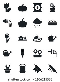 Set of vector isolated black icon - seedling vector, watering can, rain, plant label, pumpkin, tulip, oil barrel, house with tree, pond, flower in pot, rolling pin