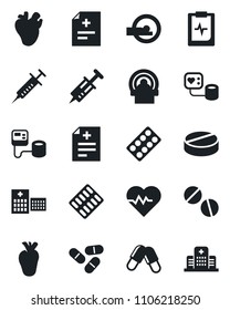Set of vector isolated black icon - heart pulse vector, diagnosis, syringe, blood pressure, pills, blister, tomography, real, clipboard, hospital
