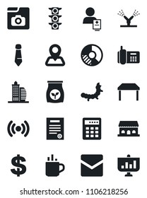 Set of vector isolated black icon - hot cup vector, dollar sign, tie, circle chart, caterpillar, fertilizer, patient, navigation, traffic light, office phone, mail, photo gallery, contract, building