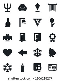 Set of vector isolated black icon - left arrow vector, pennant, heart, tulip, themes, bell, certificate, cushioned furniture, restaurant table, candle, snowflake, outdoor lamp, door, pennon