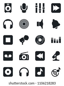 Set of vector isolated black icon - vinyl vector, microphone, radio, speaker, settings, equalizer, headphones, stop button, fast forward, rewind, rec, bell, record, music