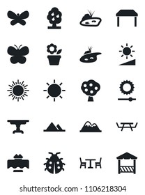 Set of vector isolated black icon - cafe vector, sun, flower in pot, butterfly, lady bug, picnic table, brightness, pond, fruit tree, mountains, restaurant, alcove