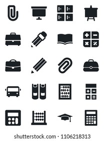 Set of vector isolated black icon - airport bus vector, checkroom, book, calculator, graduate, abacus, presentation board, case, paper clip, pencil