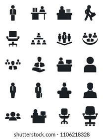 Set of vector isolated black icon - reception vector, manager, place, client, user, company, office chair, desk, hierarchy, group