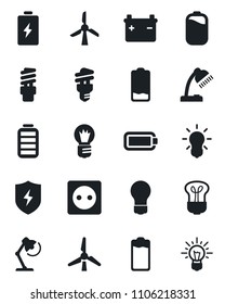 Set of vector isolated black icon - bulb vector, battery, low, protect, desk lamp, windmill, socket, energy saving, idea