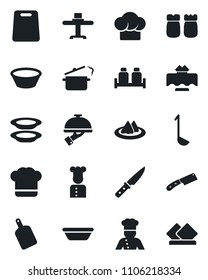 Set of vector isolated black icon - cook vector, restaurant table, serviette, hat, plates, waiter, salt and pepper, ladle, bowl, cutting board, knife, steaming pan