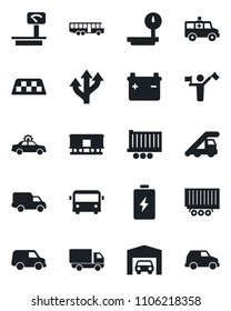 Set of vector isolated black icon - dispatcher vector, taxi, airport bus, alarm car, ladder, ambulance, route, truck trailer, delivery, heavy scales, railroad, garage, battery