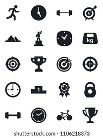 Set of vector isolated black icon - pedestal vector, medal, barbell, bike, run, heavy, clock, target, mountains, award cup