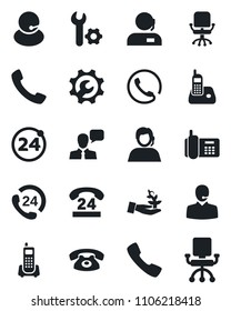 Set of vector isolated black icon - 24 around vector, office chair, phone, hours, support, speaker, radio, call, root setup, palm sproute