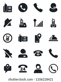 Set of vector isolated black icon - phone vector, no mobile, reception bell, office, 24 hours, support, tracking, radio, call, mute, cellular signal