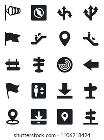Set of vector isolated black icon - elevator vector, escalator, signpost, left arrow, wind, radar, route, pin, download, place tag, compass, flag, guidepost