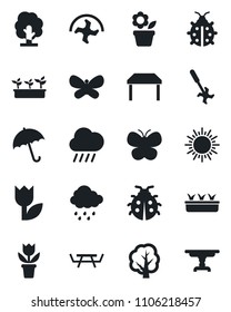 Set of vector isolated black icon - umbrella vector, sun, flower in pot, ripper, tree, butterfly, lady bug, seedling, rain, picnic table, tulip