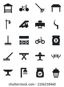 Set of vector isolated black icon - ladder car vector, rake, sickle, garden light, picnic table, fertilizer, bike, restaurant, alcove, outdoor lamp